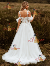 White Tulle Straps Lace Applique Wedding Dress