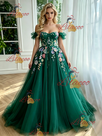 Green Tulle Off the Shoulder Appliques Prom Dress