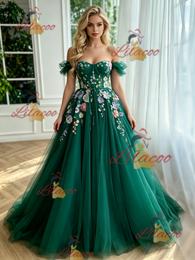Green Tulle Off the Shoulder Appliques Prom Dress