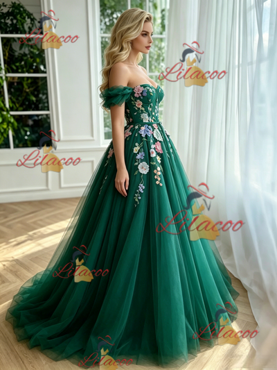 Green Tulle Off the Shoulder Appliques Prom Dress