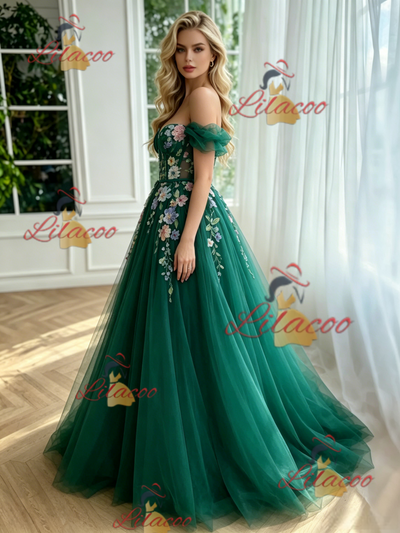 Green Tulle Off the Shoulder Appliques Prom Dress