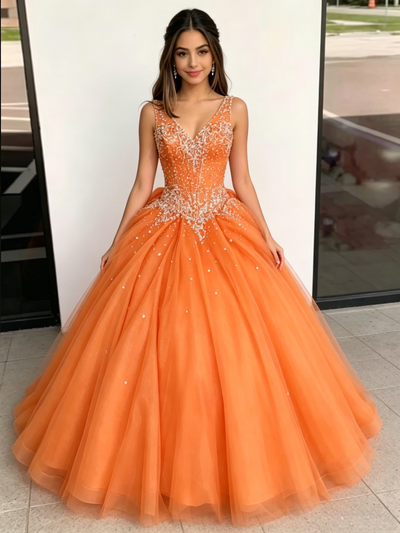 Orange Tulle V-neck Beading Quinceanera Dress