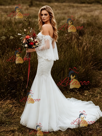 White Mermaid Tulle Appliques Wedding Dress