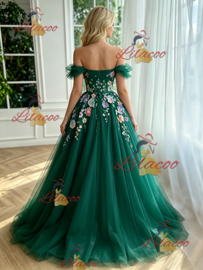 Green Tulle Off the Shoulder Appliques Prom Dress