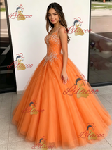 Orange Tulle V-neck Beading Quinceanera Dress