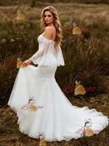 White Mermaid Tulle Appliques Wedding Dress