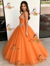 Orange Tulle V-neck Beading Quinceanera Dress
