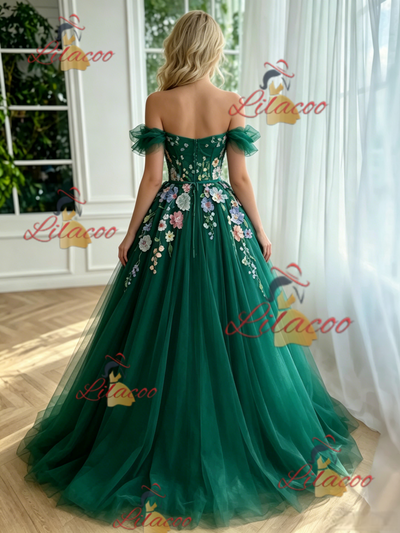 Green Tulle Off the Shoulder Appliques Prom Dress