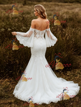 White Mermaid Tulle Appliques Wedding Dress