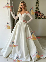 White Long Sleeve Lace Off the Shoulder Wedding Dress