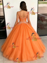 Orange Tulle V-neck Beading Quinceanera Dress