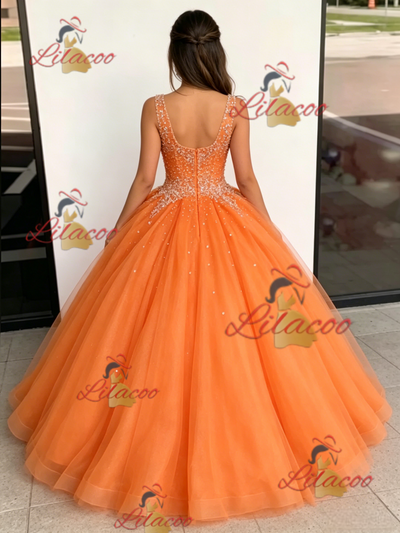 Orange Tulle V-neck Beading Quinceanera Dress