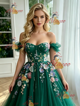 Green Tulle Off the Shoulder Appliques Prom Dress