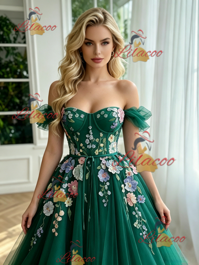 Green Tulle Off the Shoulder Appliques Prom Dress