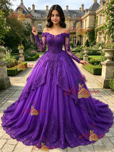 Purple Tulle Off the Shoulder Appliques Quinceanera Dress