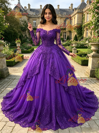Purple Tulle Off the Shoulder Appliques Quinceanera Dress