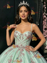 Green Tulle Spaghetti Straps Appliques Quinceanera Dress