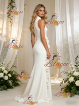 White Sheath Satin High Neck Flower Wedding Dress