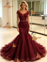 Burgundy Mermaid Tulle Cap Sleeve Prom Dress