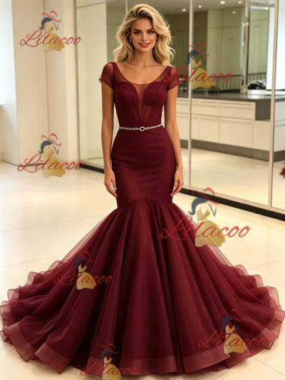 Burgundy Mermaid Tulle Cap Sleeve Prom Dress