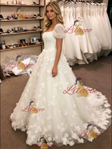 White Tulle Puff Sleeve Flower Wedding Dress