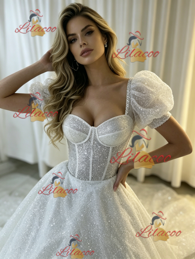 White Sequins Straps Wedding Dress