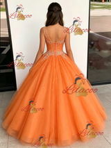 Orange Tulle V-neck Beading Quinceanera Dress