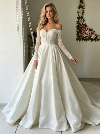 White Long Sleeve Lace Off the Shoulder Wedding Dress