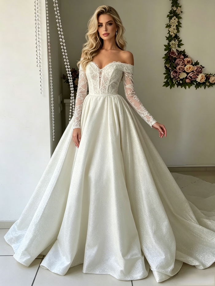 White Long Sleeve Lace Off the Shoulder Wedding Dress