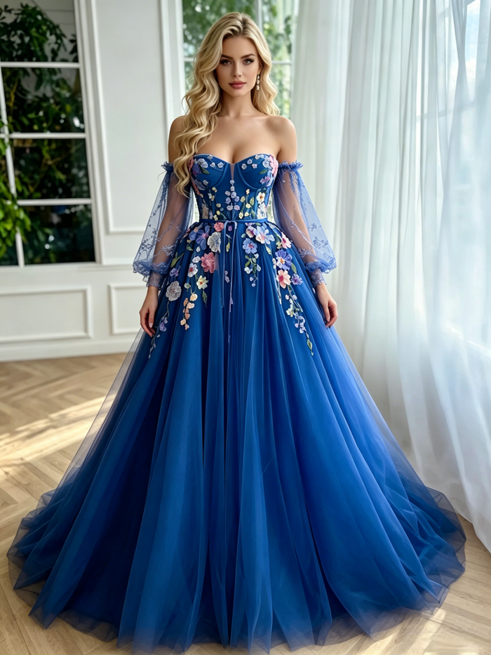 Blue Tulle Long Sleeve Appliques Prom Dress