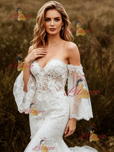 White Mermaid Tulle Appliques Wedding Dress