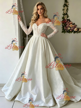 White Long Sleeve Lace Off the Shoulder Wedding Dress