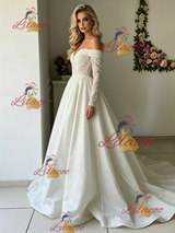 White Long Sleeve Lace Off the Shoulder Wedding Dress