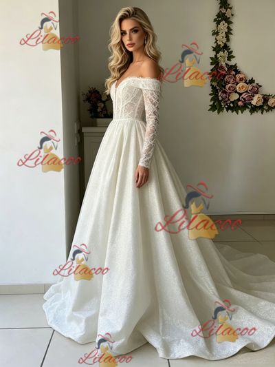 White Long Sleeve Lace Off the Shoulder Wedding Dress