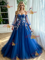 Blue Tulle Long Sleeve Appliques Prom Dress