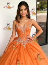 Orange Tulle V-neck Beading Quinceanera Dress