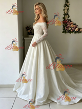 White Long Sleeve Lace Off the Shoulder Wedding Dress