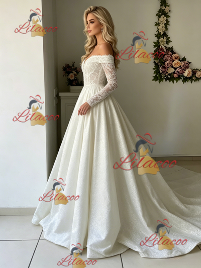 White Long Sleeve Lace Off the Shoulder Wedding Dress