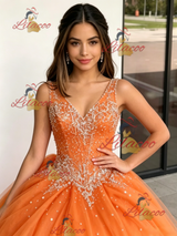 Orange Tulle V-neck Beading Quinceanera Dress
