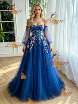Blue Tulle Long Sleeve Appliques Prom Dress