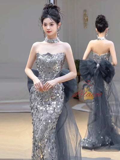 Silver Mermaid Sequins Strapless Prom Dress