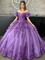 Purple Tulle Off the Shoulder Appliques Quinceanera Dress