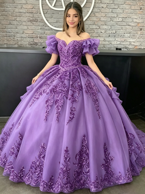 Purple Tulle Off the Shoulder Appliques Quinceanera Dress