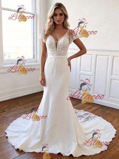 White Mermaid Lace V-neck Wedding Dress