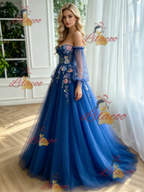 Blue Tulle Long Sleeve Appliques Prom Dress