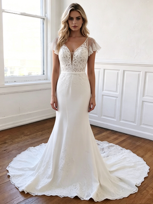White Mermaid Lace V-neck Wedding Dress