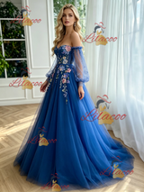 Blue Tulle Long Sleeve Appliques Prom Dress