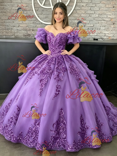 Purple Tulle Off the Shoulder Appliques Quinceanera Dress