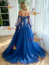 Blue Tulle Long Sleeve Appliques Prom Dress