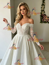 White Long Sleeve Lace Off the Shoulder Wedding Dress